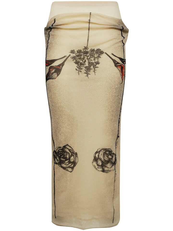 Jean Paul Gaultier Women Mesh Skirt Double Layer Printed "Tattoo Rose & Bird"