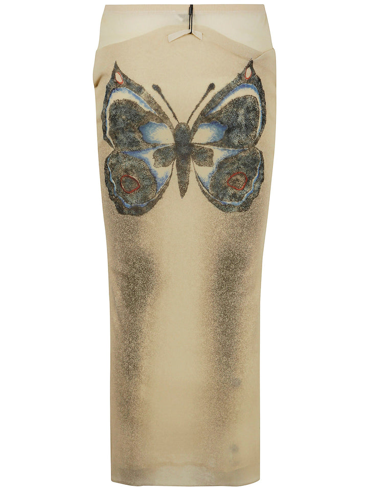Jean Paul Gaultier Women Mesh Skirt Double Layer Printed "Tattoo Rose & Bird"