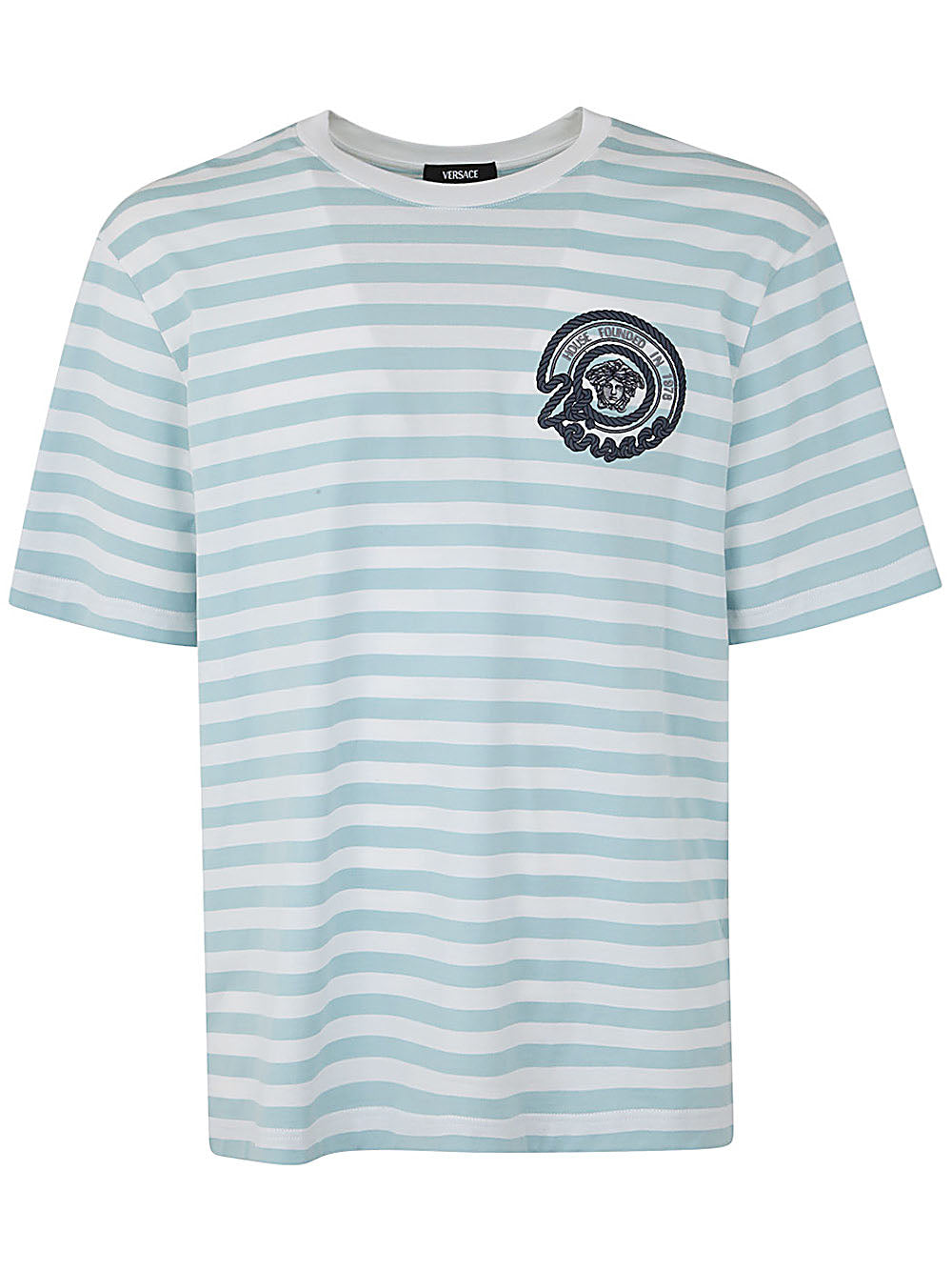 Versace Men T-Shirt Striped Jersey Fabric + Embroidered Versace Nautical Emblem