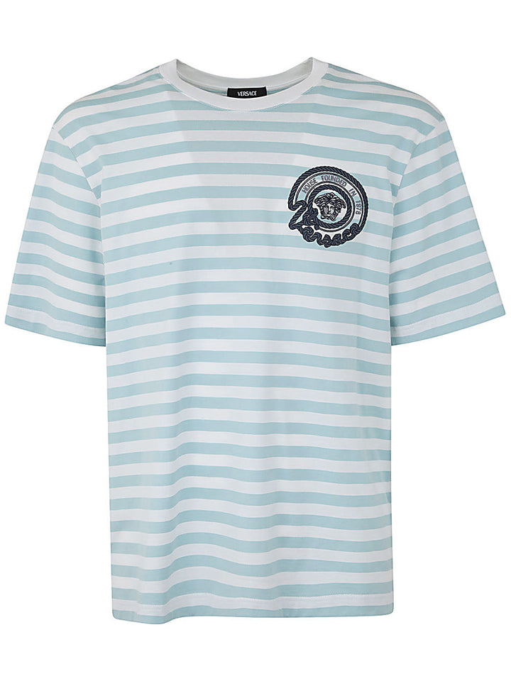 Versace Men T-Shirt Striped Jersey Fabric + Embroidered Versace Nautical Emblem