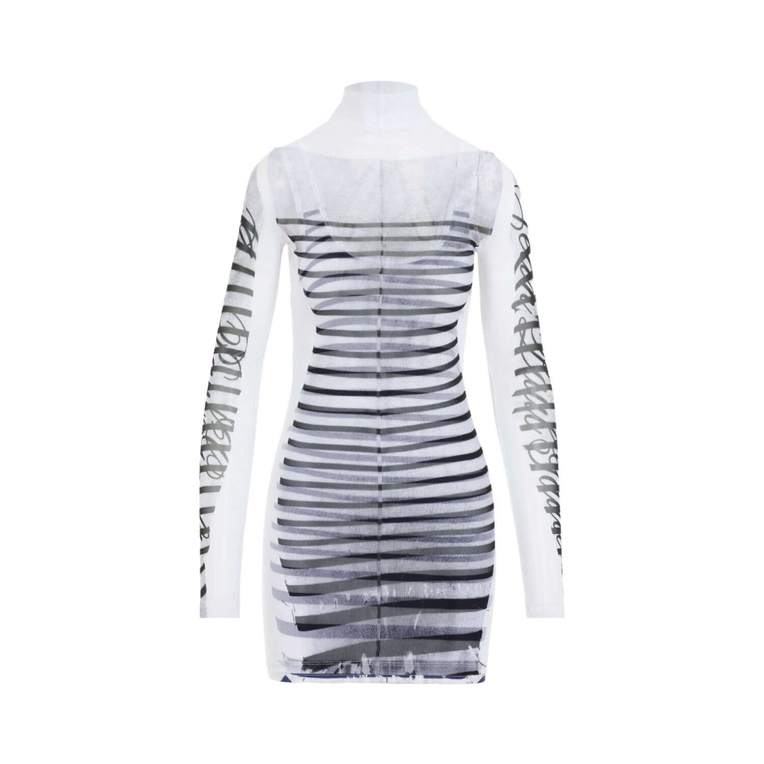 White dress with black and gray abstract pattern on a white background