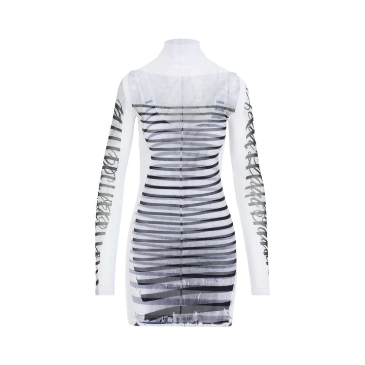 White dress with black and gray abstract pattern on a white background