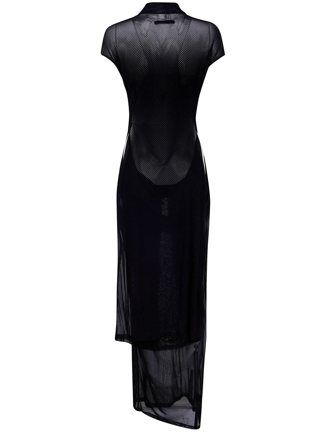 Black dress with mesh detailing on a white background