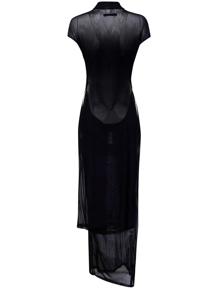 Black dress with mesh detailing on a white background