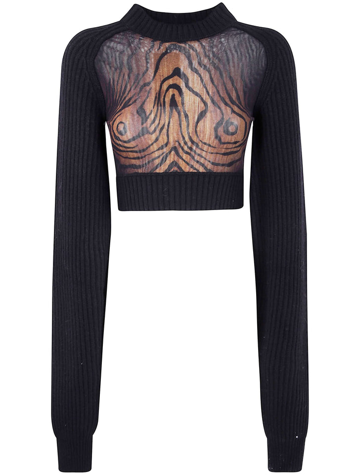 Jean Paul Gaultier Women Lambswool Ribbed Long Sleeves Cropped Sweater With Printed Mesh Cut Out Details