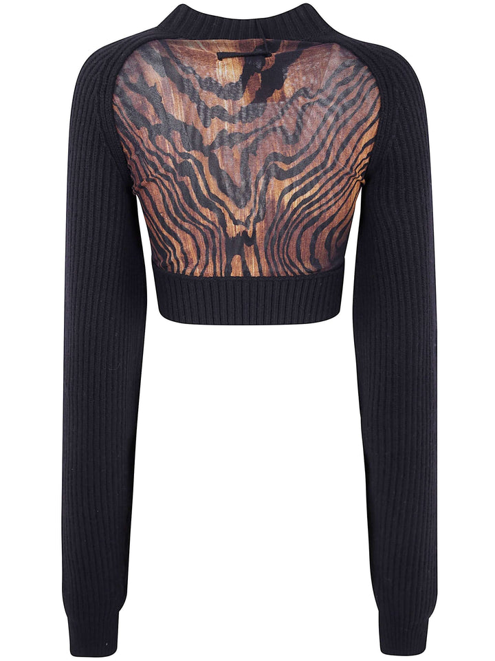 Jean Paul Gaultier Women Lambswool Ribbed Long Sleeves Cropped Sweater With Printed Mesh Cut Out Details