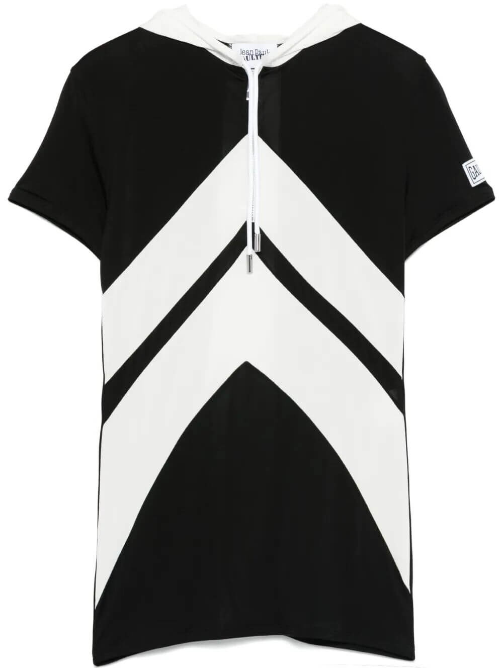 Jean Paul Gaultier Women Viscose Baby Tee Shirt With Inlaid Chevron, "Gaultier" Patch Detail And Hood