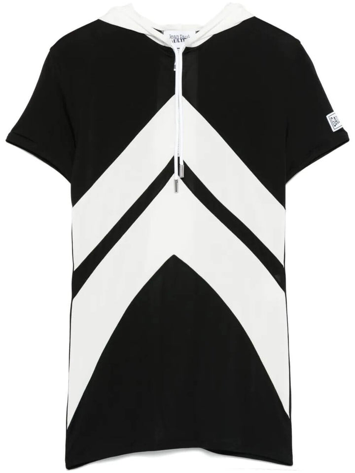 Jean Paul Gaultier Women Viscose Baby Tee Shirt With Inlaid Chevron, "Gaultier" Patch Detail And Hood