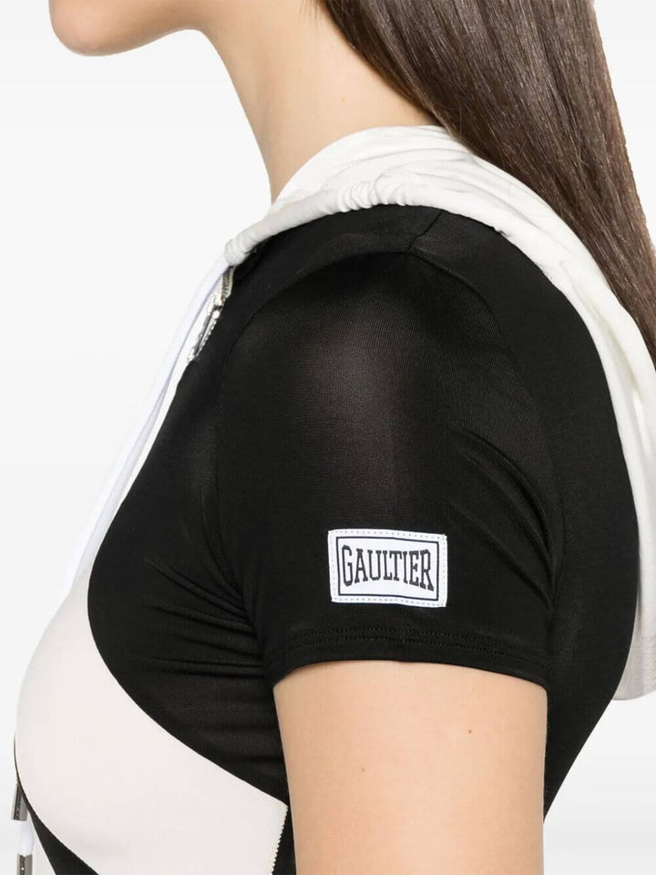 Jean Paul Gaultier Women Viscose Baby Tee Shirt With Inlaid Chevron, "Gaultier" Patch Detail And Hood