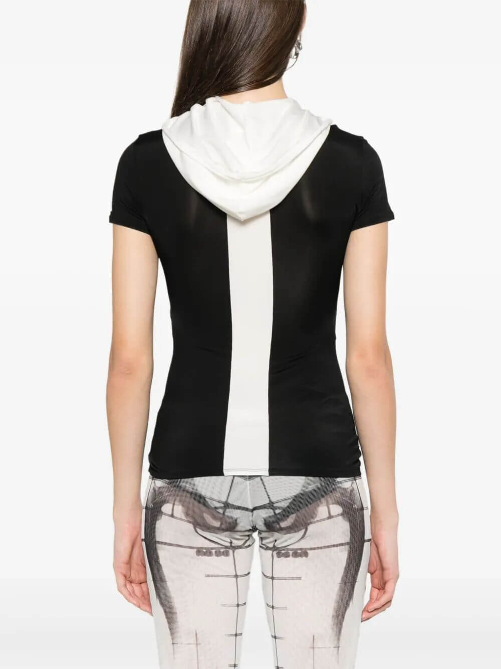 Jean Paul Gaultier Women Viscose Baby Tee Shirt With Inlaid Chevron, "Gaultier" Patch Detail And Hood
