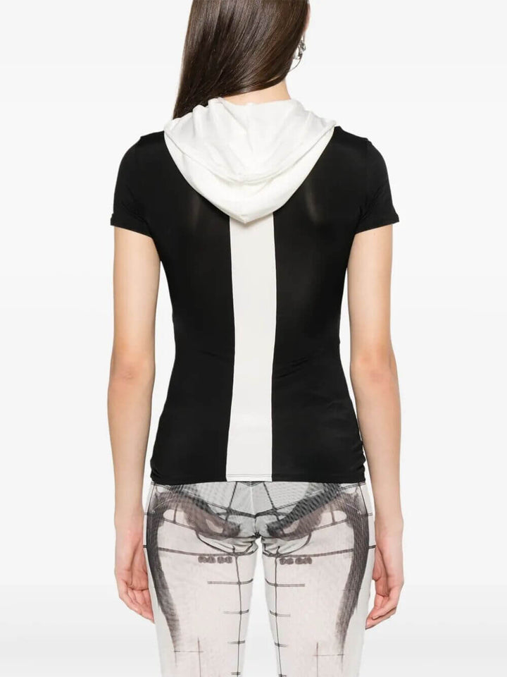Jean Paul Gaultier Women Viscose Baby Tee Shirt With Inlaid Chevron, "Gaultier" Patch Detail And Hood