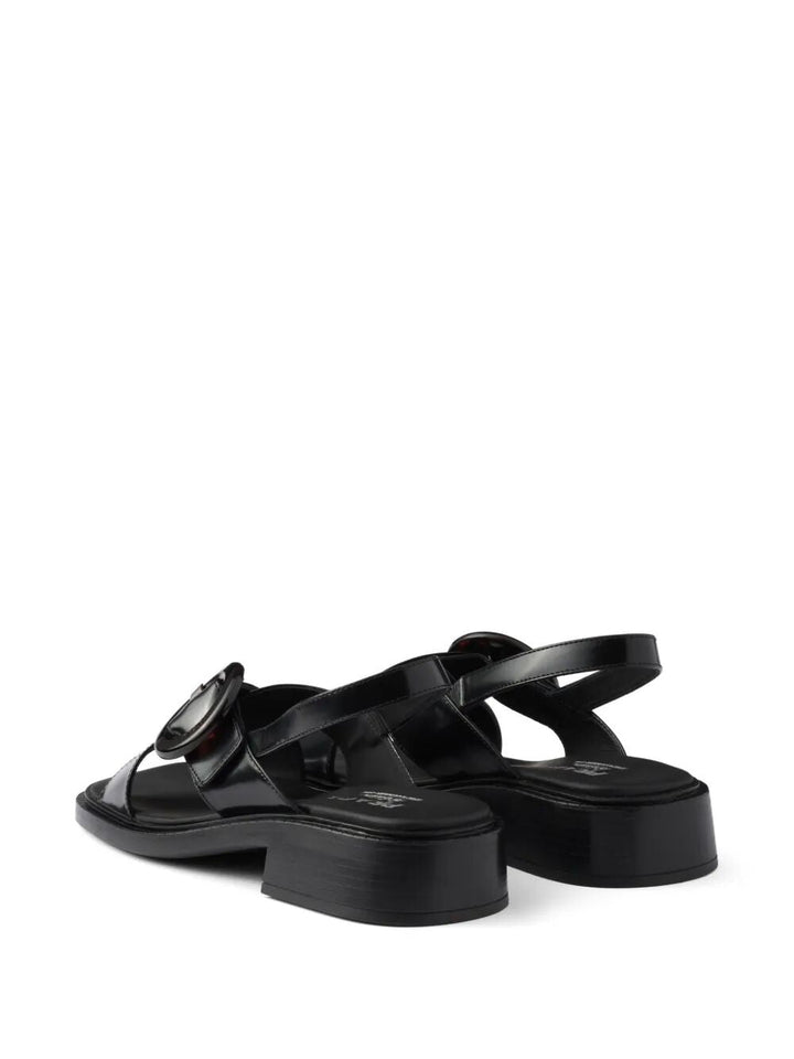 Prada Women Brushed Leather Crisscross Band Sandals With Plexiglas Buckle