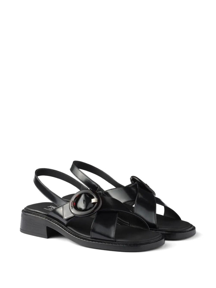 Prada Women Brushed Leather Crisscross Band Sandals With Plexiglas Buckle