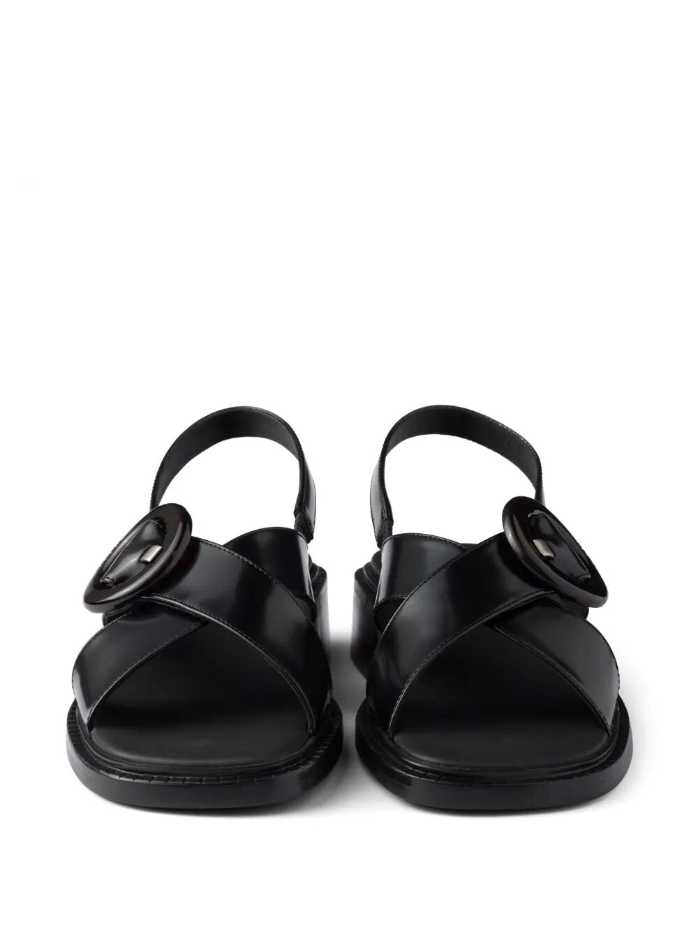 Prada Women Brushed Leather Crisscross Band Sandals With Plexiglas Buckle