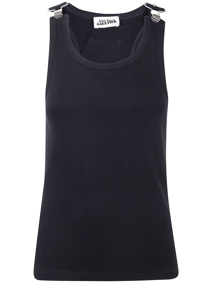 Black tank top with a brand label on a white background