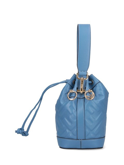 Blue drawstring bag with gold hardware on a white background