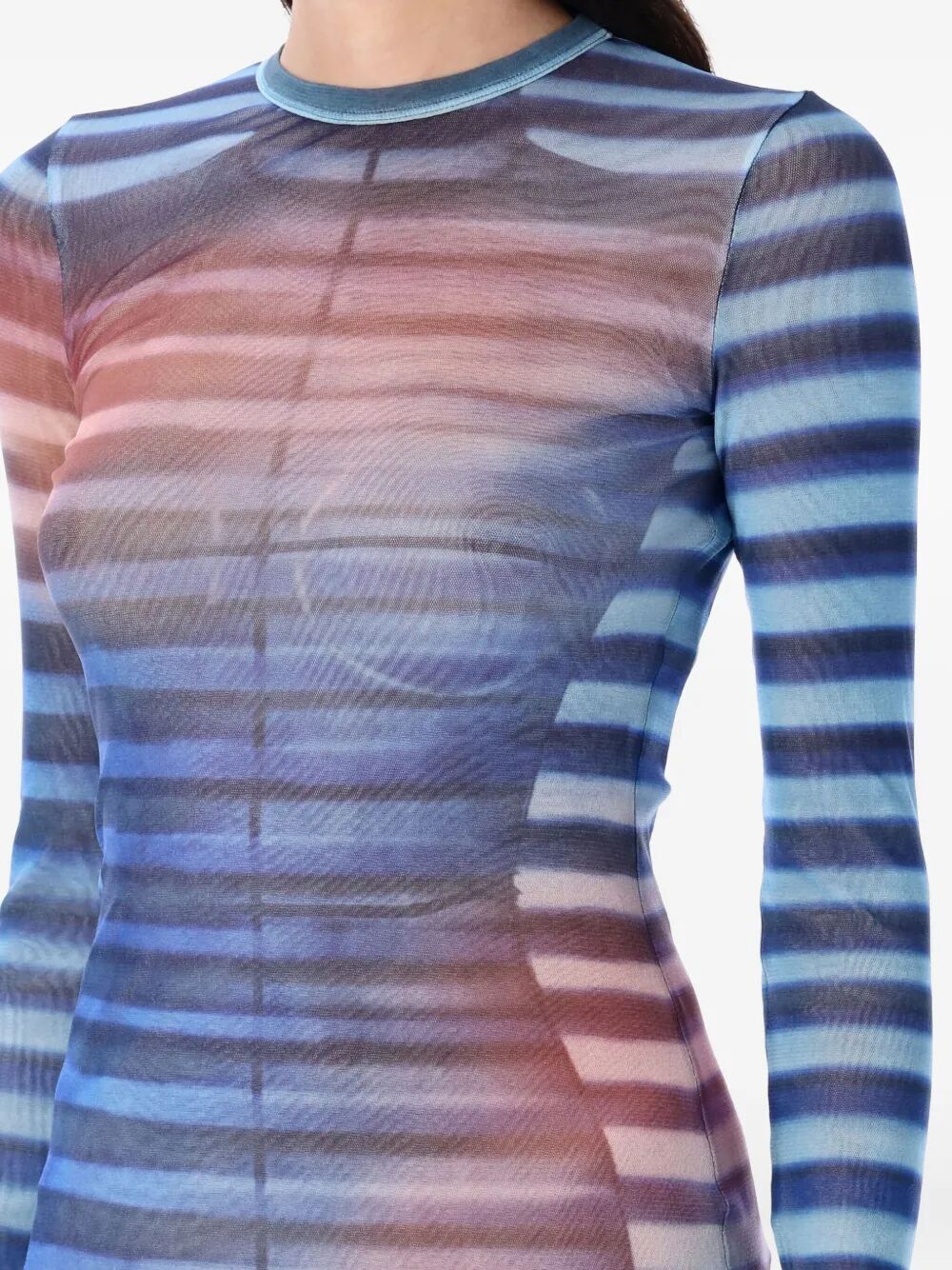 Sheer striped long-sleeve top with a gradient of colors on a white background