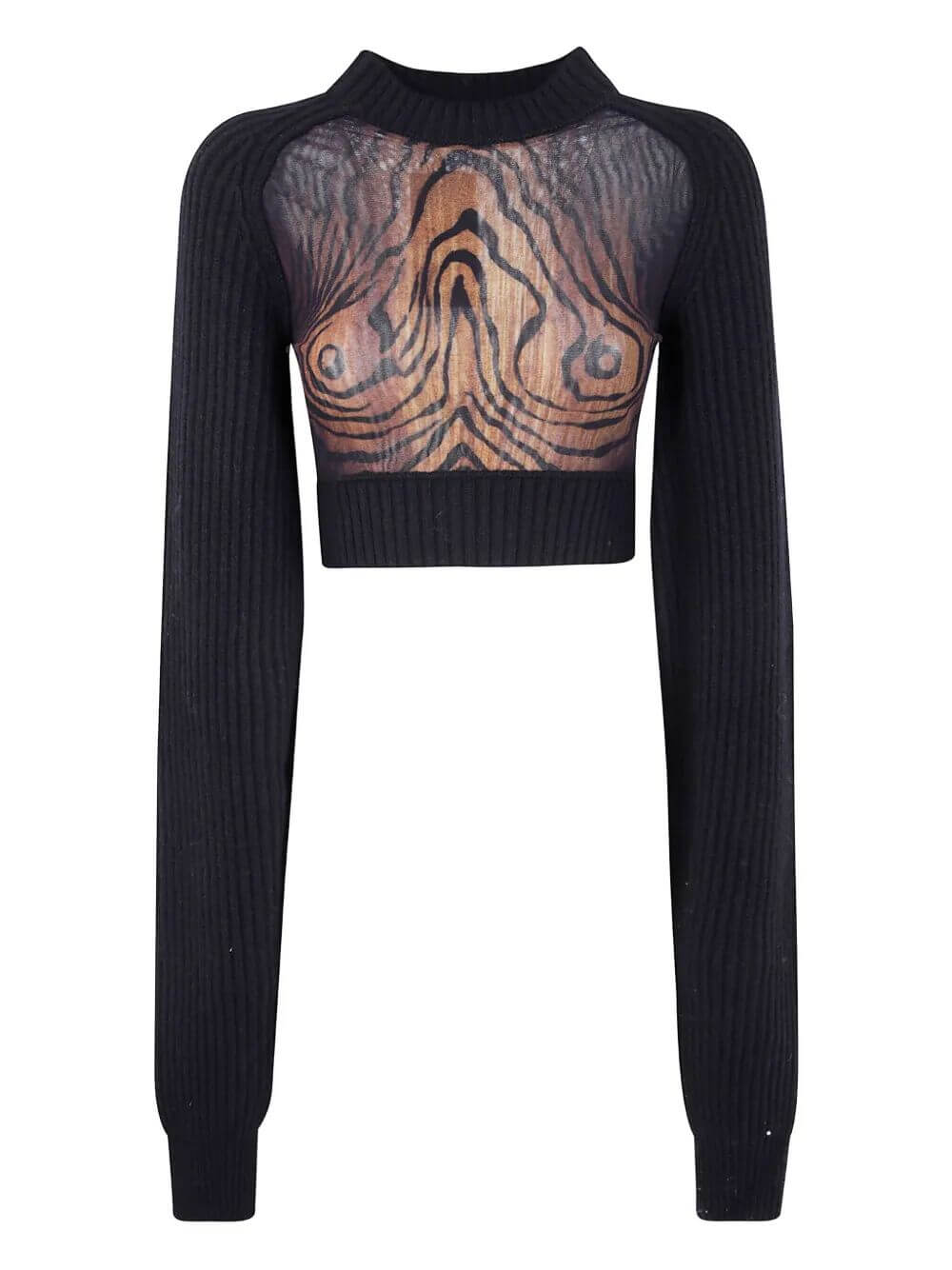 Jean Paul Gaultier Women Lambswool Ribbed Long Sleeves Cropped Sweater With Printed Mesh Cut Out Details
