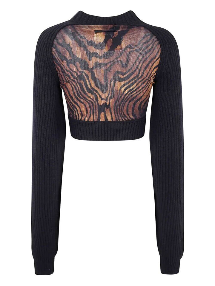 Jean Paul Gaultier Women Lambswool Ribbed Long Sleeves Cropped Sweater With Printed Mesh Cut Out Details