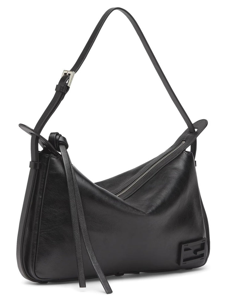 Black handbag with a visible brand logo on a white background