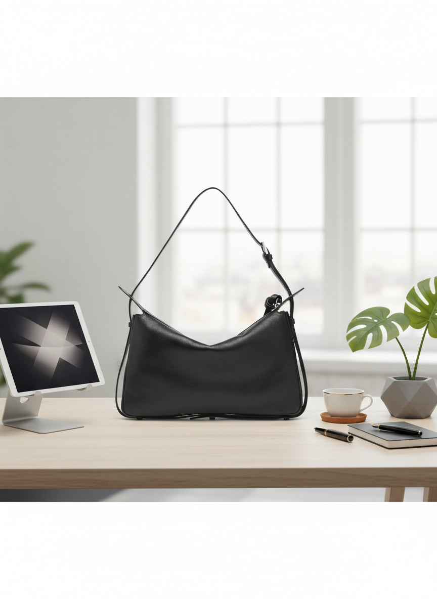 Black leather handbag with a shoulder strap on a white background