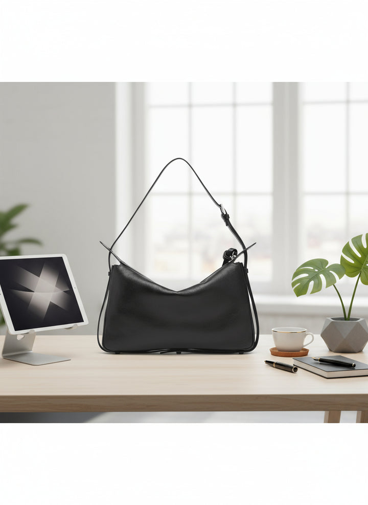 Black leather handbag with a shoulder strap on a white background