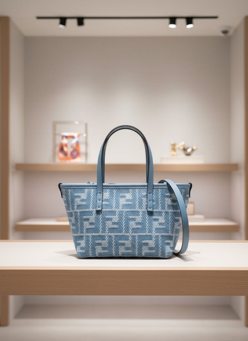 Blue handbag with a pattern on a white background
