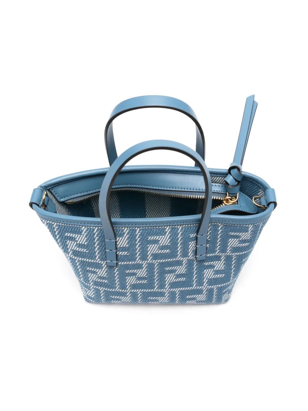 Blue handbag with geometric pattern on a white background