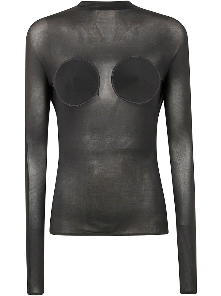 Black sheer long-sleeve top with cut-out design on a white background