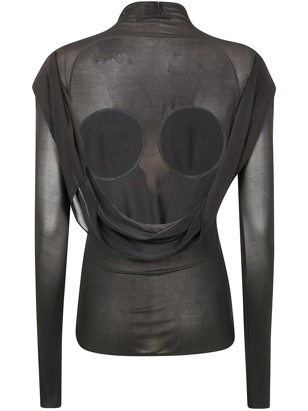Black sheer long-sleeve top with cut-out design on a white background