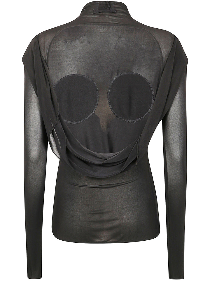 Black sheer long-sleeve top with cut-out design on a white background