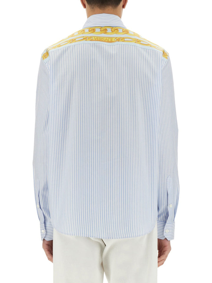 Versace Men Striped Shirt With Silk Printed Insert
