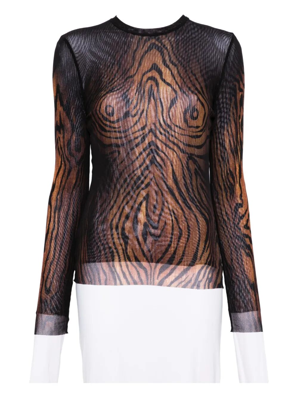 Sheer long-sleeve top with brown abstract pattern on a white background
