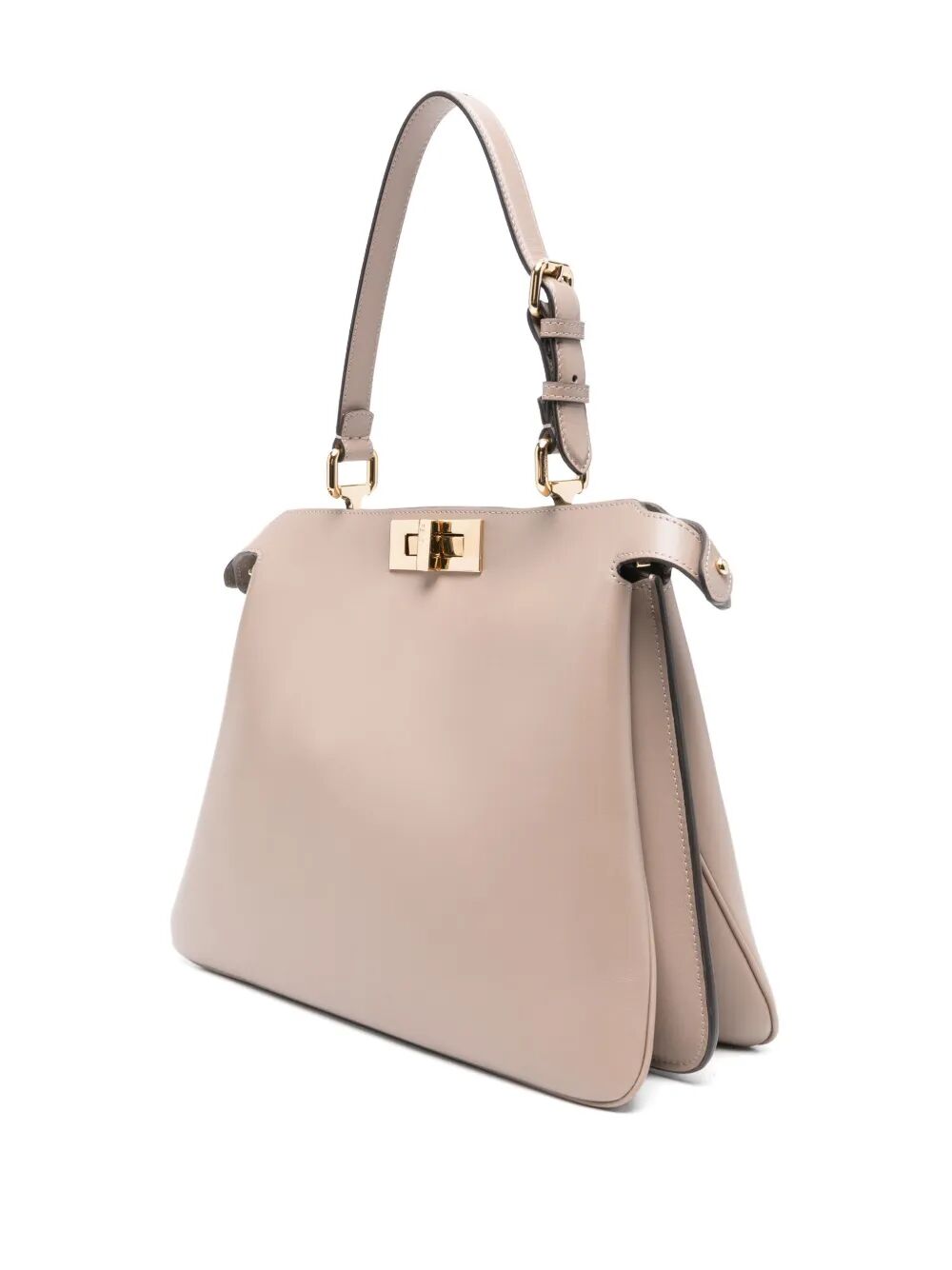 Beige handbag with gold hardware on a white background