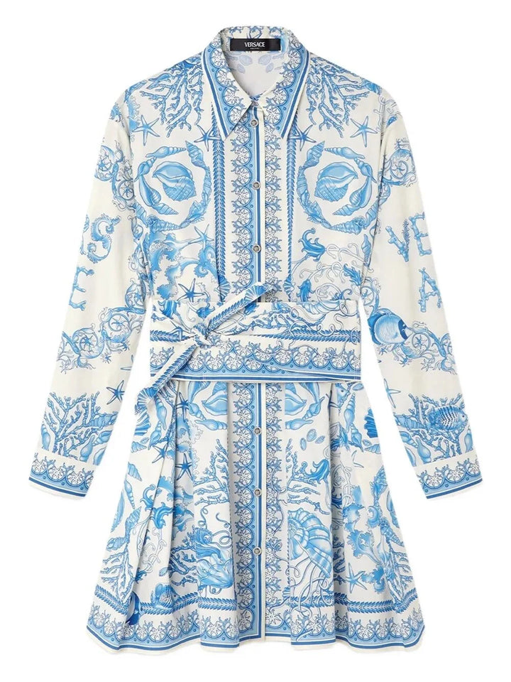 Versace Women Dress `Underwater Barocco Bicolour Foulard` On Cotton Poplin