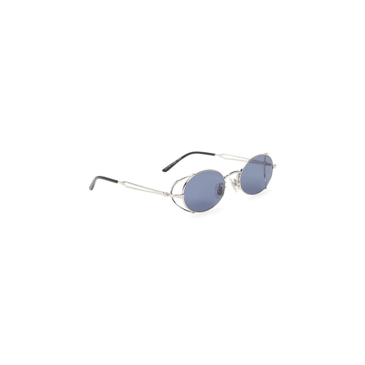 Round sunglasses with silver frame and blue lenses on a white background