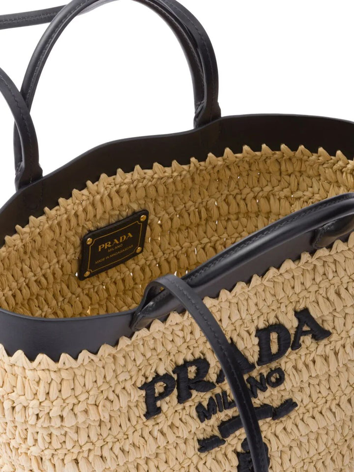 Prada Women Small Crochet And Leather Tote Bag