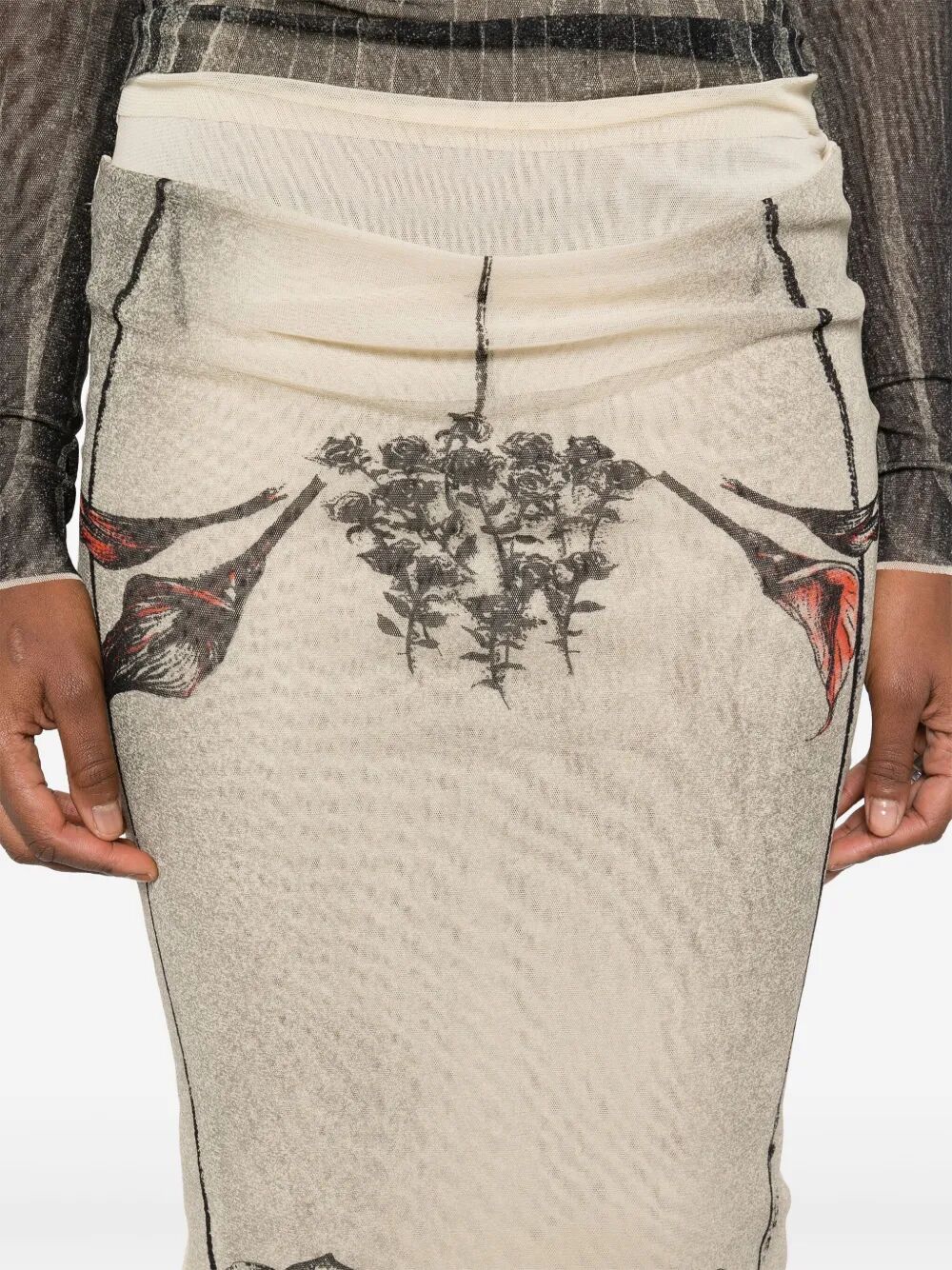 Jean Paul Gaultier Women Mesh Skirt Double Layer Printed "Tattoo Rose & Bird"
