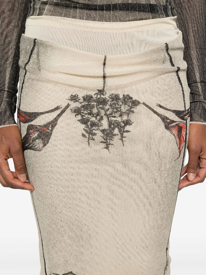 Jean Paul Gaultier Women Mesh Skirt Double Layer Printed "Tattoo Rose & Bird"