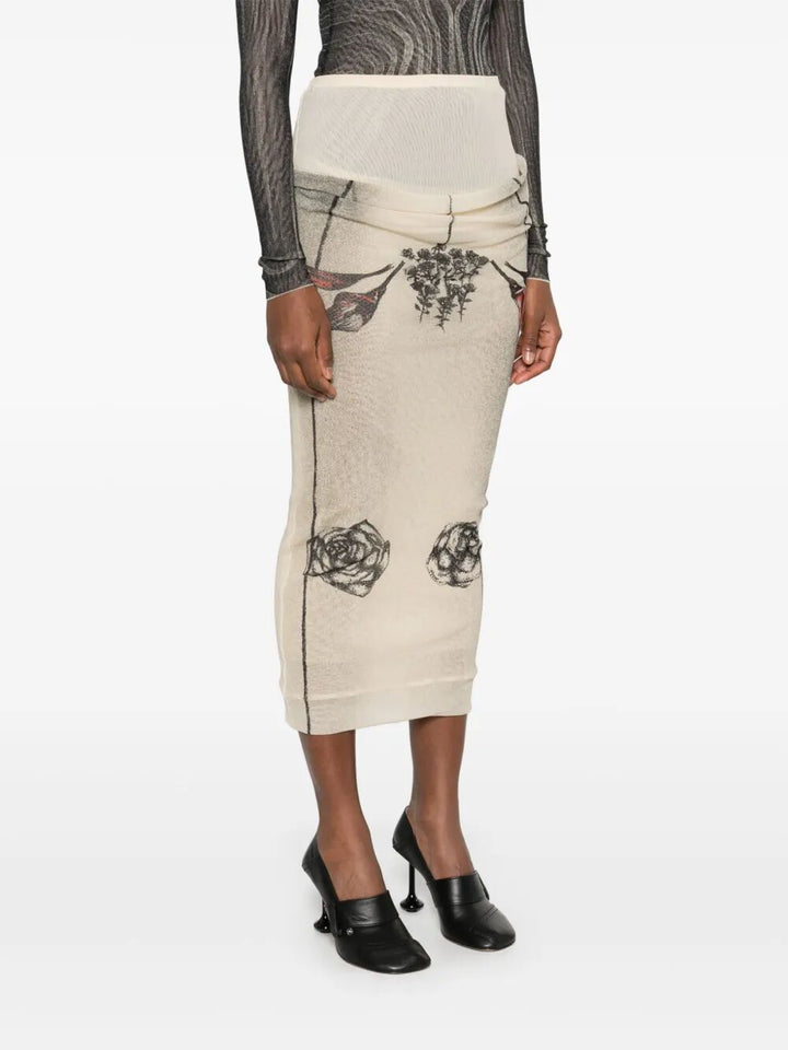 Jean Paul Gaultier Women Mesh Skirt Double Layer Printed "Tattoo Rose & Bird"