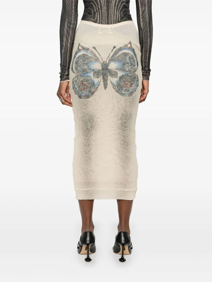 Jean Paul Gaultier Women Mesh Skirt Double Layer Printed "Tattoo Rose & Bird"