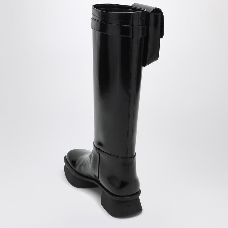 Prada Black Leather Boot With Pouch Women