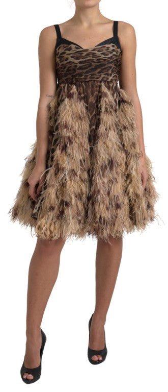 DOLCE & GABBANA Sleeveless Leopard Chiffon Ostrich-Feather Dress