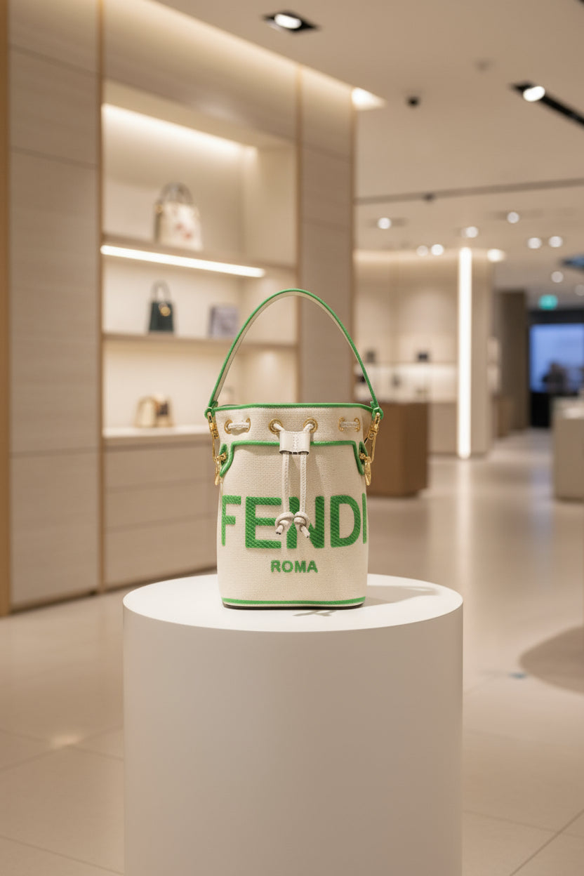 Fendi bucket bag with green text on a white background