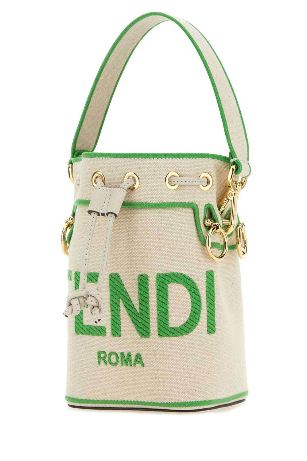 Beige handbag with green text and gold accents on a white background