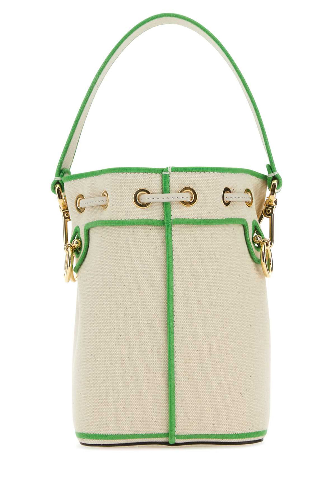 Bucket bag with green accents on a white background