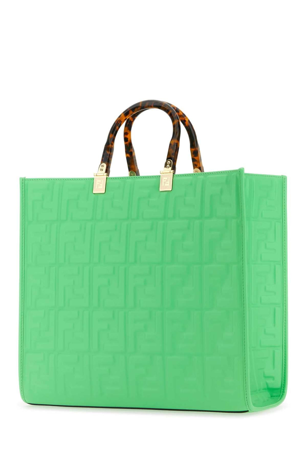 Green tote bag with a patterned handle on a white background