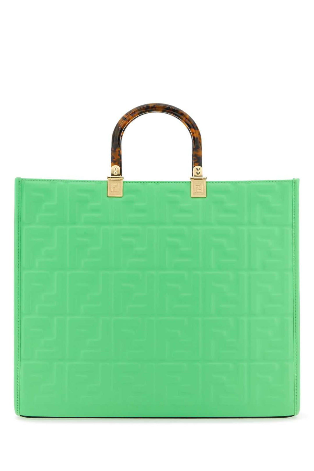 Green tote bag with a tortoiseshell handle on a white background