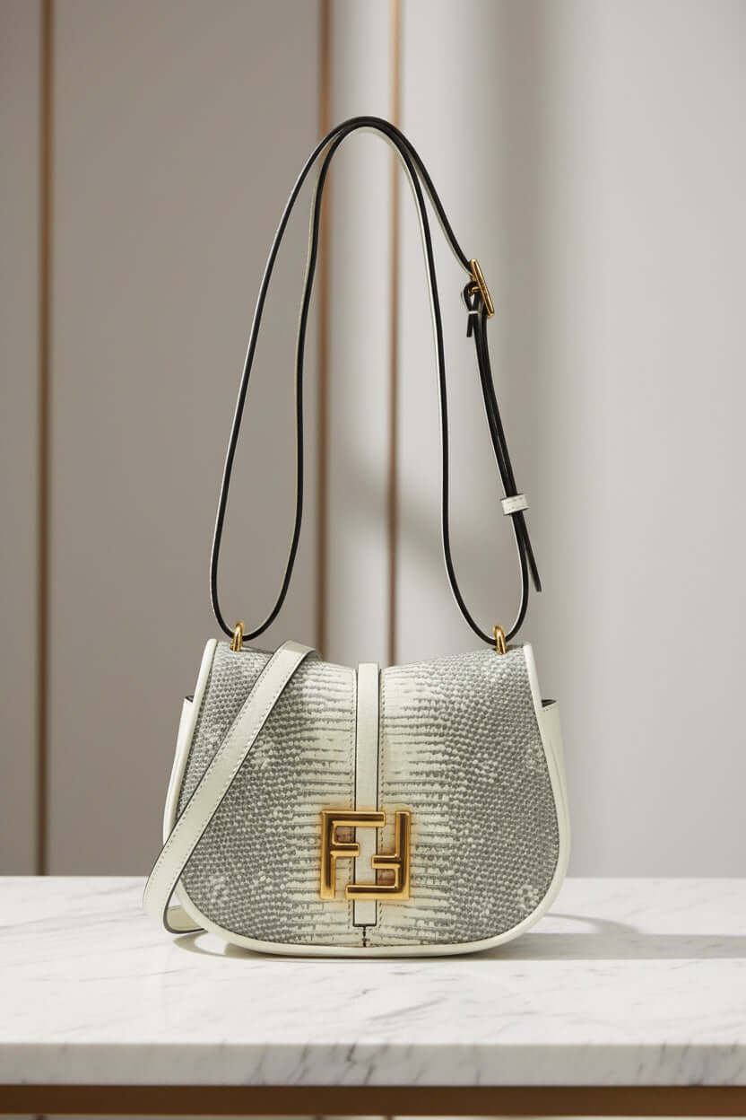 Designer handbag with a prominent brand logo on a white background