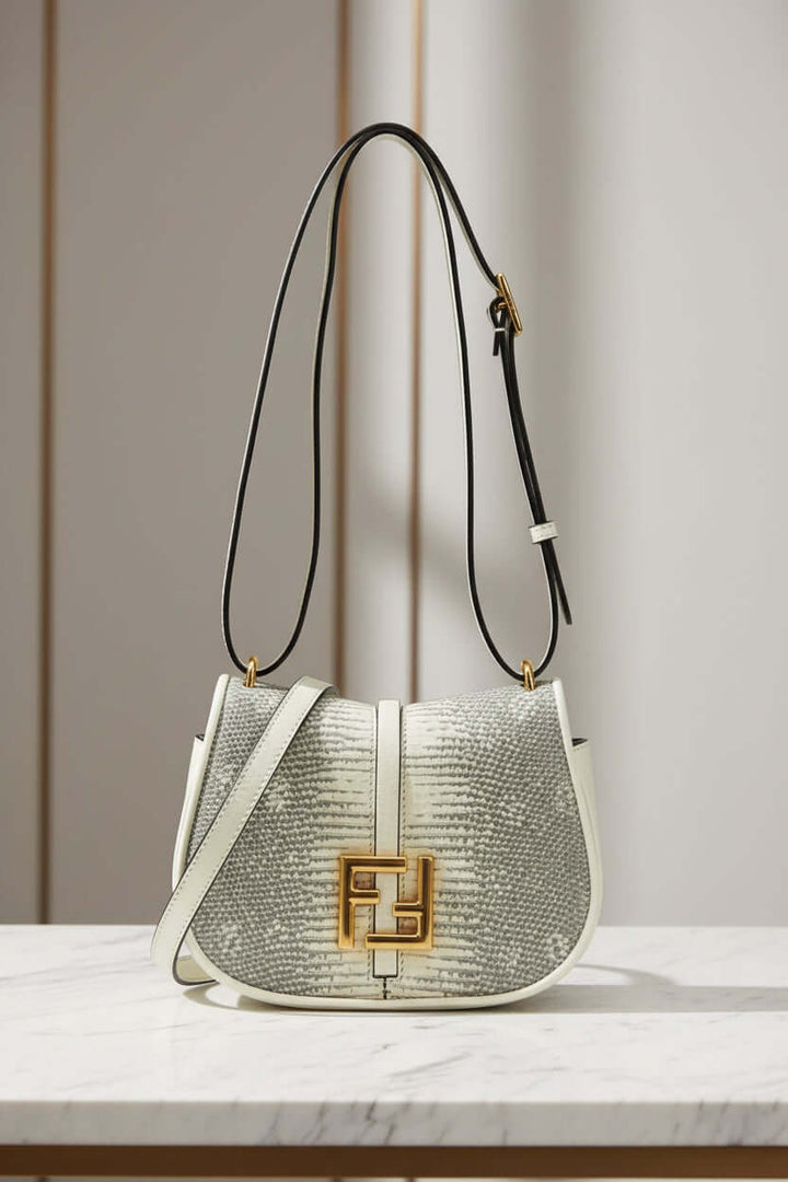 Designer handbag with a prominent brand logo on a white background